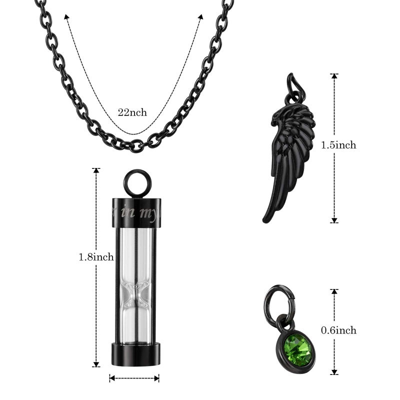 PREKIAR Cremation Urn Necklace for Ashes Time Hourglass Memory Jewelry Pendant Keepsake with Angel Wing and 12 Birthstones Forever In My Heart (Black hourglass) - Image 2